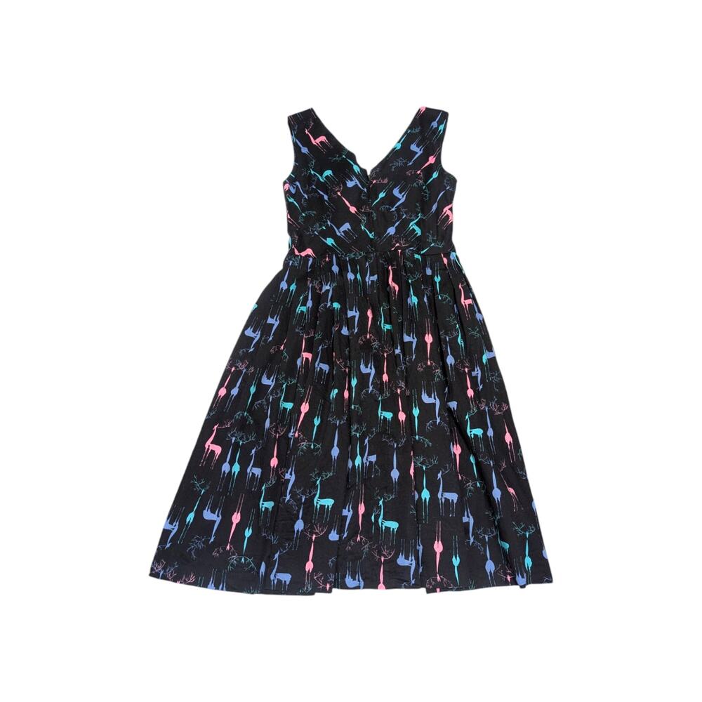 Retrospec'd Reindeer Printed Pleated Dress A-Line Black Multicolor Christmas